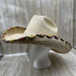 Rodeo Cowboy Hat Mens Approx Size 6.75 Straw Long Oval Wide Rim Beer Bottle Caps
